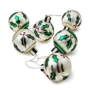 Brand New Mackenzie-Childs Holly Leaf Glass Ball Ornaments, Set of 6